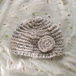Grey & White Knit Cap With Knitted Rose